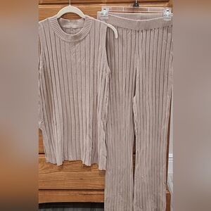 Beige Ribbed Knit Top and Pants Set